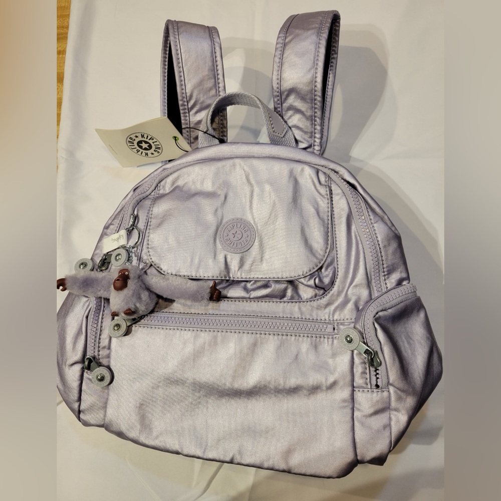 NWT Kipling MATTA Metallic Silver Backpack w/Keychain Gorpcore Indie Streetwear